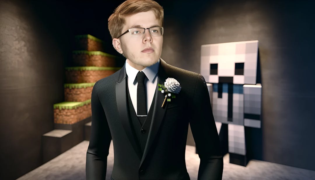 Technoblade, dargestellt in einem förmlichen schwarzen Anzug und Krawatte mit einem Blumenstecker, selbstbewusst in einem eleganten Umfeld stehend, mit subtilen von Minecraft inspirierten Elementen im Hintergrund.