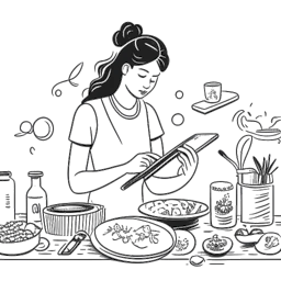 Lijntekening van een vrouw, die Gabbriette's passie voor de culinaire kunsten en sociale media-invloed belichaamt. Ze is te zien terwijl ze innovatieve gerechten bereidt, met keukengereedschap en een digitaal apparaat dat haar online aanwezigheid toont. De gezellige keukenomgeving versterkt de algehele weergave van haar culinaire reis.