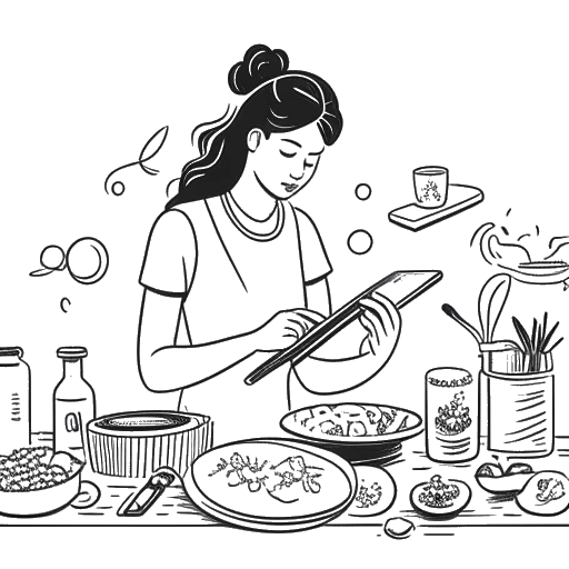 Dessin en ligne d'une femme, incarnant la passion de Gabbriette pour les arts culinaires et son influence sur les réseaux sociaux. On la voit préparer des plats innovants, avec des ustensiles de cuisine et un appareil numérique affichant sa présence en ligne. Le cadre chaleureux de la cuisine améliore la représentation globale de son parcours culinaire.