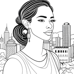 Line art drawing of a woman, representing Gabbriette, embodying Mexican and Swiss-German heritage. Her demeanor reflects confidence and elegance, hinting at overcoming past challenges. The city landscape in the background adds a dynamic touch to the image, all in black and white.