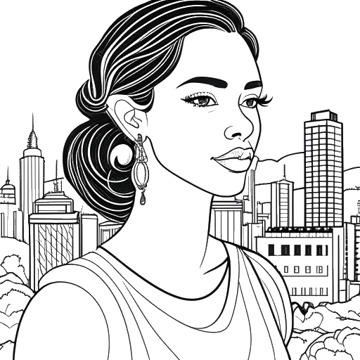 Desenho em arte linear de uma mulher, representando Gabbriette, incorporando as origens mexicana e suíço-alemã. Sua postura reflete confiança e elegância, sugerindo a superação de desafios passados. A paisagem urbana ao fundo adiciona um toque dinâmico à imagem, toda em preto e branco.