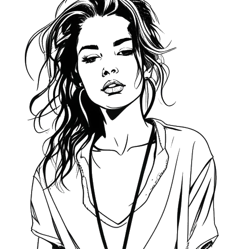 Line art drawing of a woman, representing Gabbriette, immersed in music and fashion. Her style reflects '90s grunge and goth influences, intertwined with a hint of intrigue from her connection with Matty Healy. The music venue-inspired backdrop adds depth to the overall image.