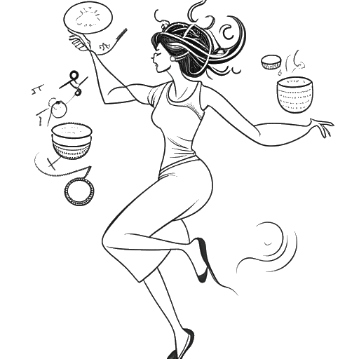 Strichzeichnung einer Frau, die Gabbriette repräsentiert, balanciert zwischen Modeln, Musik und kulinarischen Leidenschaften