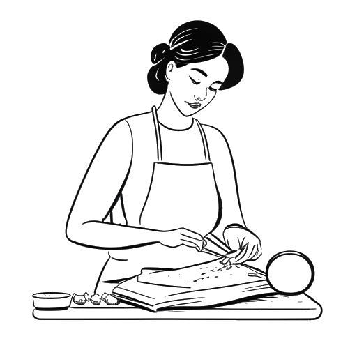 Line art drawing of a woman, representing Gabbriette, working on a cookbook, inspired by Mexican and German cooking