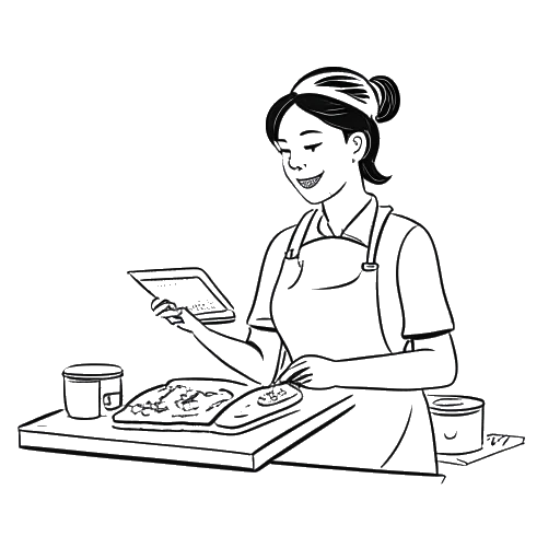 Lijntekening van een vrouw, die Gabbriette vertegenwoordigt, kookvideo's delend en menu's curerend tijdens de pandemie