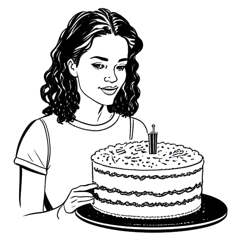Desenho em arte de linha de uma mulher, representando Gabbriette, com um bolo sem grãos e vegano, replicando a famosa receita do Erewhon