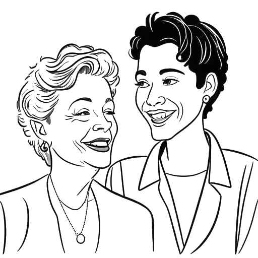 Line art drawing of a woman, representing Gabbriette, receiving approval from Matty Healy's mother, English actor Denise Welch