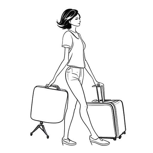 Line art drawing of a woman, representing Gabbriette, holding ballet shoes and a suitcase, moving to LA