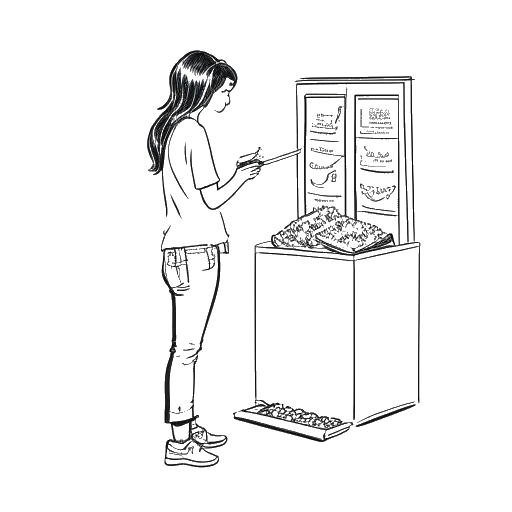 Dibujo de arte lineal de una mujer, que representa a Gabbriette, curando una exposición de fotografía para la colección cápsula de Junk Food Clothing