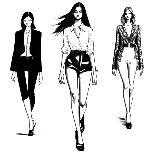 Desenho em arte de linha de uma mulher, representando Gabbriette, desfilando com as logos de Vera Wang, Diesel e Dsquared2