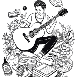Desenho em arte linear de Adam McIntyre tocando ukulele. Ele está cercado por objetos relacionados à moda e estilo de vida. O fundo é branco.