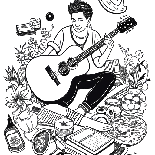 Line art drawing of Adam McIntyre playing the ukulele. He is surrounded by fashion and lifestyle-related objects. The background is white.