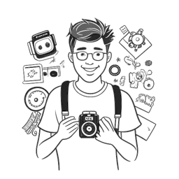 Lijntekening van een man die Adam McIntyre vertegenwoordigt. Hij heeft een zelfverzekerde glimlach, houdt een camera vast en is omringd door YouTube-gerelateerde symbolen zoals afspeelknoppen en likes. De achtergrond is wit.