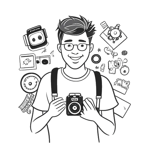 Dibujo en arte lineal de un hombre que representa a Adam McIntyre. Tiene una sonrisa segura, sostiene una cámara y está rodeado de símbolos relacionados con YouTube como botones de reproducción y 'me gusta'. El fondo es blanco.