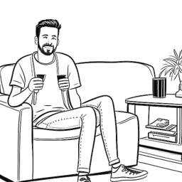 Desenho em arte linear de Adam McIntyre sentado em um sofá de talk show, segurando um microfone. Uma tela de TV ao fundo exibe seu canal do YouTube. O fundo é branco.