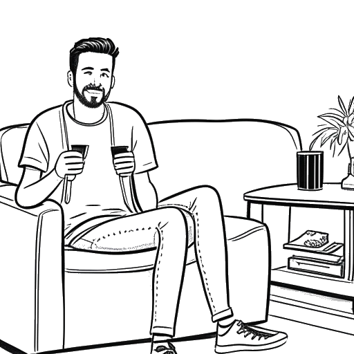 Disegno in stile line art di Adam McIntyre seduto su un divano da conduttore televisivo, tenendo un microfono. Uno schermo TV sullo sfondo mostra il suo canale YouTube. Lo sfondo è bianco.