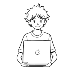 Line art drawing of a boy representing Adam McIntyre. He has wavy hair, is wearing casual clothes, and is holding a laptop with the YouTube logo displayed on the screen. The background is white.