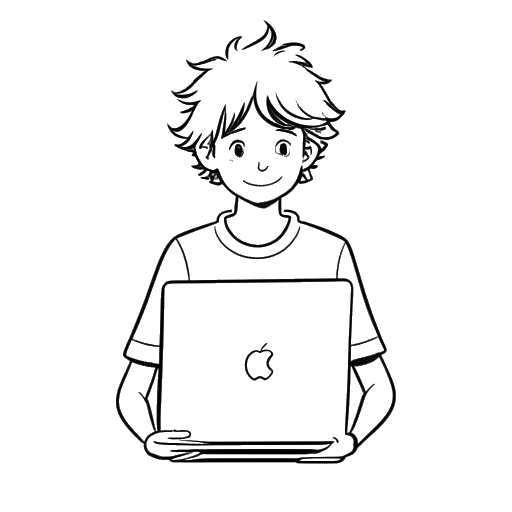 Line art drawing of a boy representing Adam McIntyre. He has wavy hair, is wearing casual clothes, and is holding a laptop with the YouTube logo displayed on the screen. The background is white.
