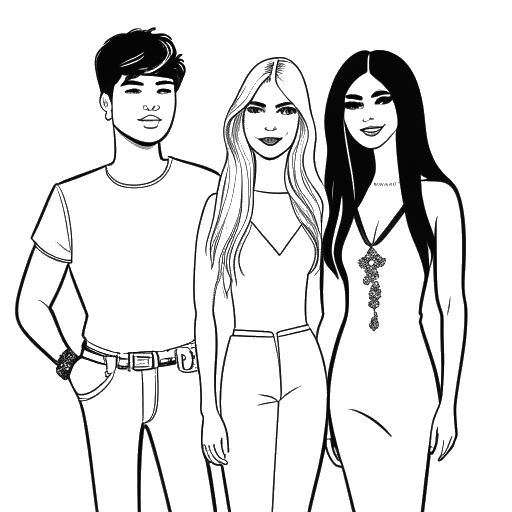 Line art drawing of a boy, representing Adam McIntyre, standing between Selena Gomez and Paris Hilton at an event.
