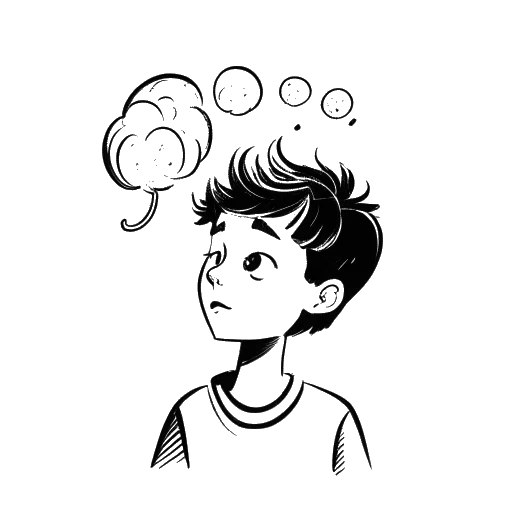 Dibujo de línea de un niño, representando a Adam McIntyre, con un bocadillo de pensamiento que contiene la palabra 'delirante'.