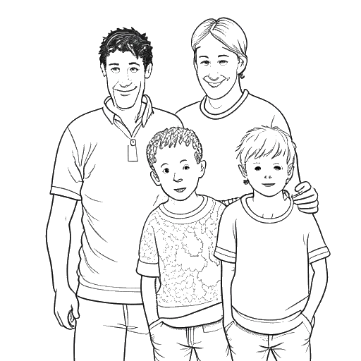 Dibujo de línea de una familia con tres niños, representando a Adam McIntyre como el menor, frente a un mapa de Irlanda.