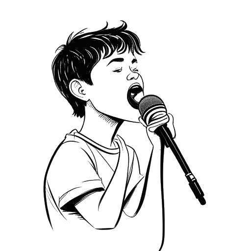 Dibujo de línea de un niño, representando a Adam McIntyre, cantando en un micrófono con las palabras 'Call Me Maybe' mostradas.