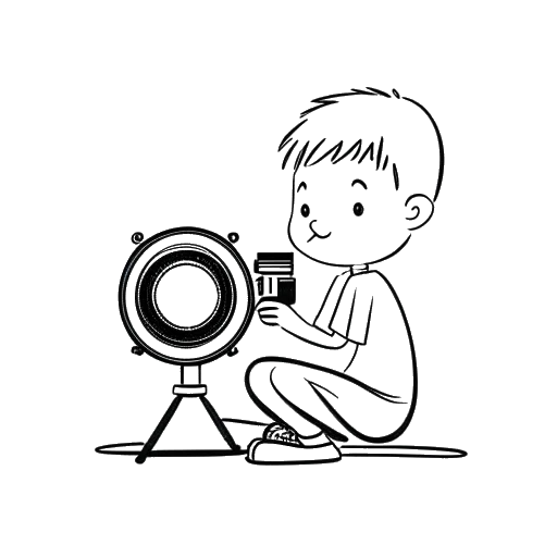 Line art drawing of a boy, representing Adam McIntyre, sitting in front of a camera with a clock showing two hours.