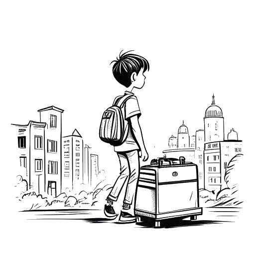 Line art drawing of a boy, representing Adam McIntyre, moving from one city to another with a suitcase.