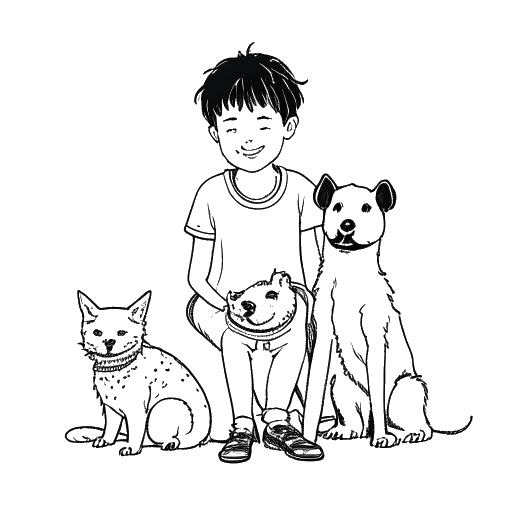 Line art drawing of a boy, representing Adam McIntyre, with two dogs and two cats surrounding him.
