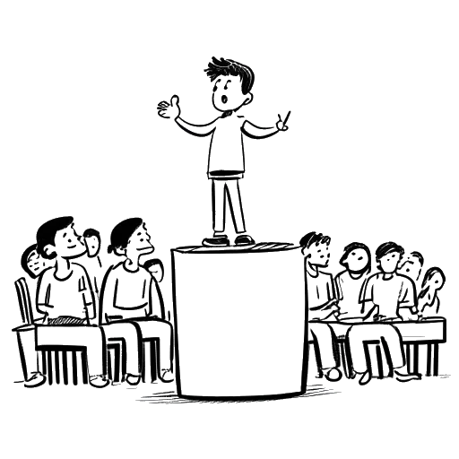 Dibujo de línea de un niño, representando a Adam McIntyre, hablando en un podio con una multitud de apoyo.