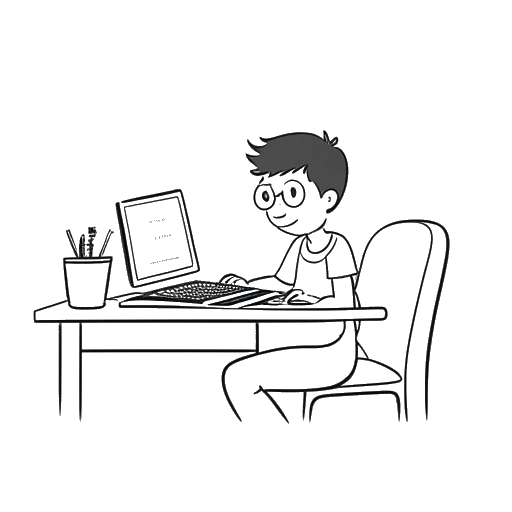 Disegno a linee di un ragazzo, rappresentando Adam McIntyre, seduto a una scrivania con una pagella non valutata e uno schermo del computer che mostra il logo di YouTube.