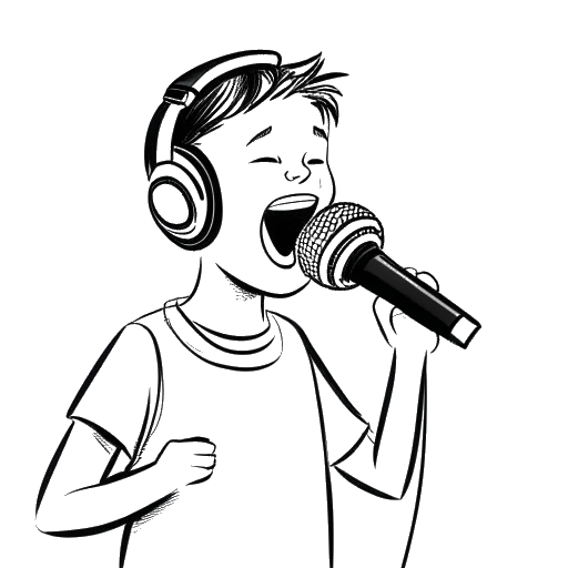 Desenho em arte linear de um menino jovem, representando Adam McIntyre, segurando um microfone e usando fones de ouvido, fazendo a transição de cantar para rir.