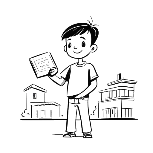 Desenho em arte linear de um menino, representando Adam McIntyre, segurando um prêmio do YouTube e olhando para trás para um prédio escolar.