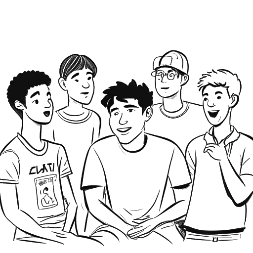 Line art drawing of a boy, representing Adam McIntyre, discussing trending topics with a group of YouTubers.