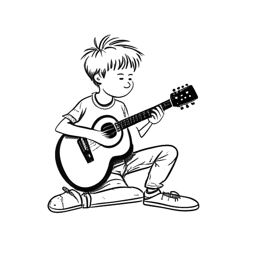 Line art drawing of a boy, representing Adam McIntyre, playing the ukulele in front of a camera.