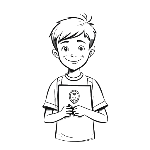 Line art drawing of a boy, representing Adam McIntyre, holding a YouTube play button award with a large number of views displayed.