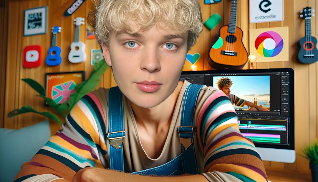 Adam McIntyre, with fair skin and curly blonde hair, looking directly at the camera in a cozy home office setup surrounded by YouTube symbols and a ukulele on the wall. Casual and trendy attire, vibrant colors, and high-resolution details capture the essence of Adam's creative world.