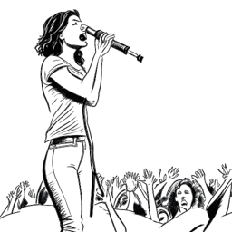 Line art drawing of a woman representing Katja Krasavice, holding a microphone and performing on a stage, with a cheering crowd in the background.