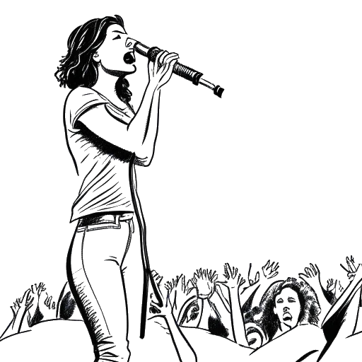 Desenho em arte de linha de uma mulher representando Katja Krasavice, segurando um microfone e se apresentando em um palco, com uma plateia animada ao fundo.