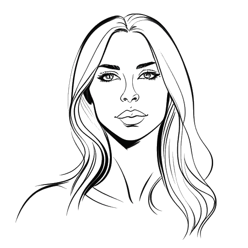 Desenho em arte de linha de uma mulher representando Katja Krasavice, com longos cabelos loiros e uma expressão confiante.