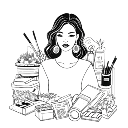 Line art drawing of a woman representing Katja Krasavice, surrounded by makeup and fashion items, holding a stack of money.