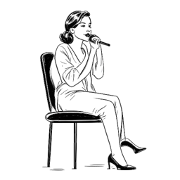 Disegno in stile line art di una donna che rappresenta Katja Krasavice, seduta su una poltrona da giudice, con un microfono in mano e un'espressione determinata.