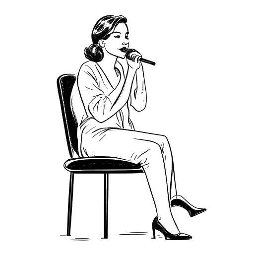 Desenho em arte de linha de uma mulher representando Katja Krasavice, sentada em uma cadeira de jurada, com um microfone na mão e uma expressão determinada.