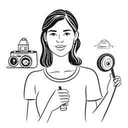 Lijntekening van een vrouw die Katja Krasavice vertegenwoordigt, zelfverzekerd sprekend voor een camera, met YouTube-iconen op de achtergrond.