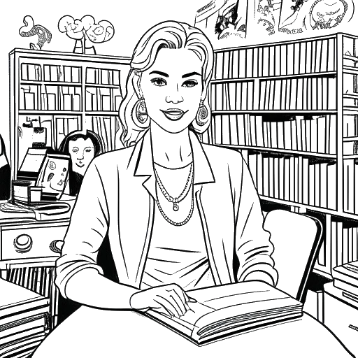 Line art drawing of a confident woman representing Katja Krasavice, wearing fashionable attire and holding a microphone, with music notes floating around her. In the background, there are bookshelves filled with bestsellers and a laptop displaying the OnlyFans platform, symbolizing her successful music career and diversified income streams.