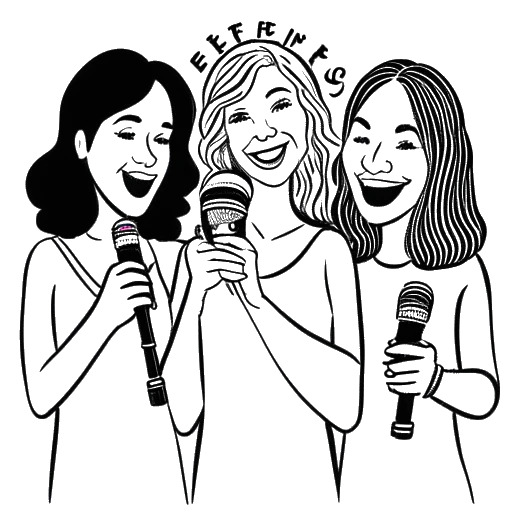 Desenho em arte linear de três mulheres, representando Katja Krasavice, Saweetie e Doja Cat, segurando microfones, com as palavras 'Best Friend' ao fundo.