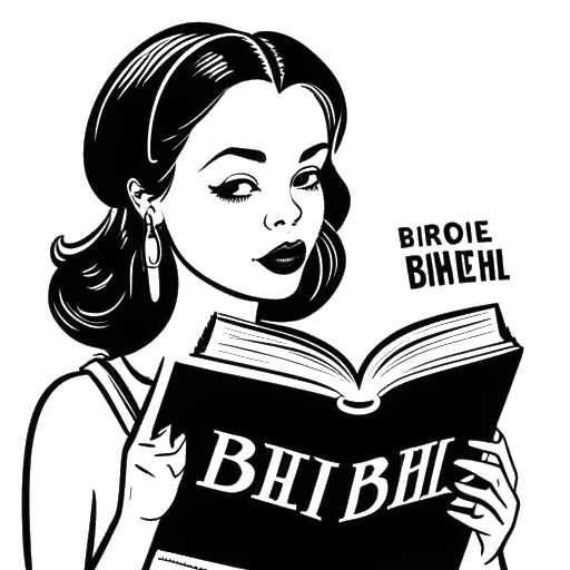 Dibujo de arte lineal de una mujer, representando a Katja Krasavice, sosteniendo un libro, con las palabras 'Bitch Bibel' en la portada, simbolizando el éxito de su libro autobiográfico.