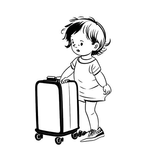 Dibujo de arte lineal de una niña bebé, representando a Katja Krasavice, sosteniendo una maleta, indicando su mudanza de la República Checa a Alemania.