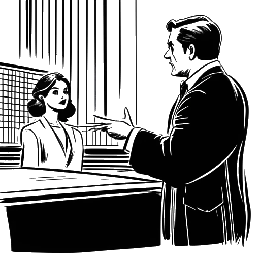 Line art drawing of a woman, representing Katja Krasavice, standing in a courtroom, pointing at a man behind bars, symbolizing her testifying against her father.