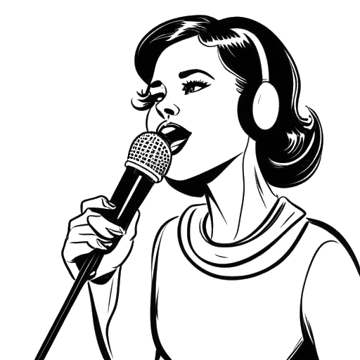 Dibujo de arte lineal de una mujer, representando a Katja Krasavice, sosteniendo un micrófono, con los números 7 y 5 en el fondo, simbolizando el éxito de su primer sencillo 'Doggy'.